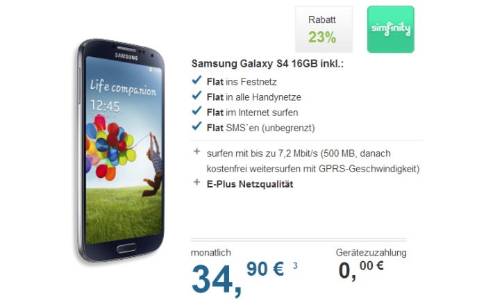 simfinity Flat für 34,90 Euro pro Monat mit Samsung Galaxy S4 gratis