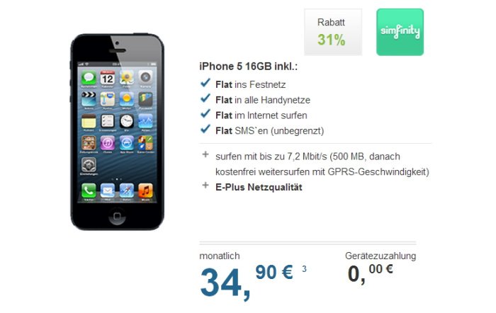 iPhone 5 mit Vertrag: simfinity Allnet Flat für 34,90 Euro monatlich - ohne Zuzahlung