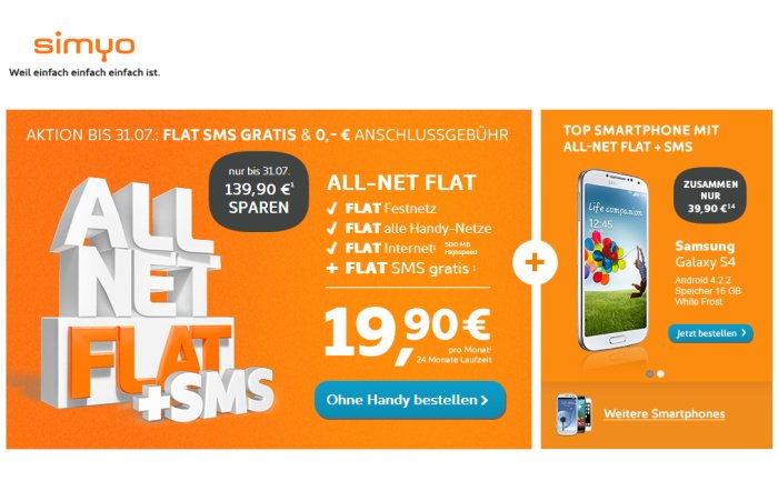 Simyo All-Net Flat mit Gratis SMS-Flat und ohne Anschlussgebühr