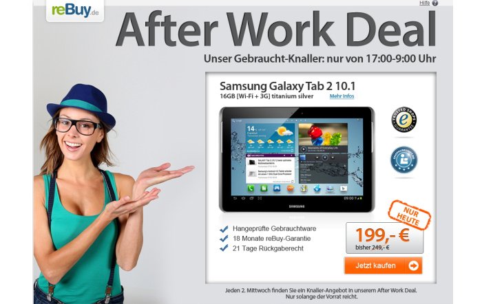 Samsung Galaxy Tab 2 10.1 (Wi-Fi + 3G) für 199 Euro bei reBuy.de