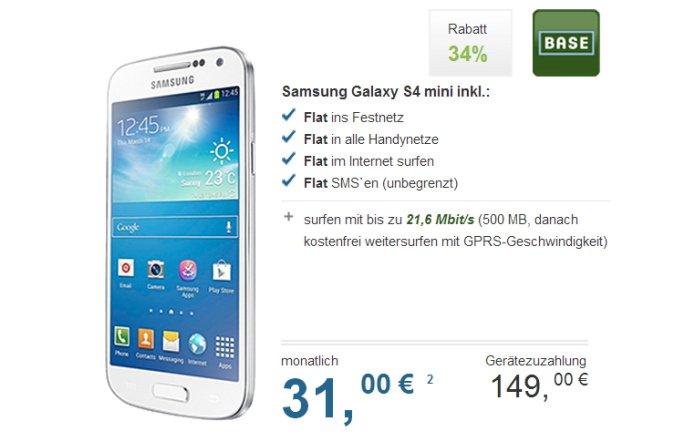 BASE all-in Allnet-Flat mit Samsung Galaxy S4 mini für 31,00 pro Monat