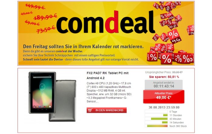 FX2 PAD7 RK Einsteigertablet mit Android 4.2 für 49,00 Euro bei comtech