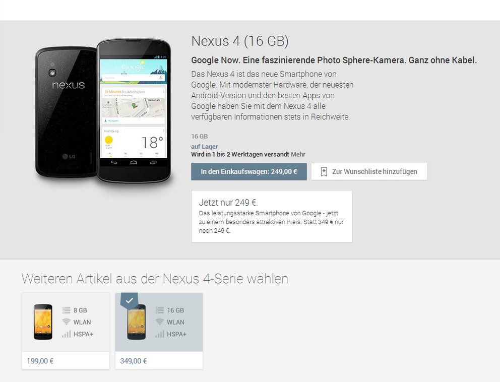 Nexus 4: Google senkt Preise um 100€, 16GB-Version für 249€