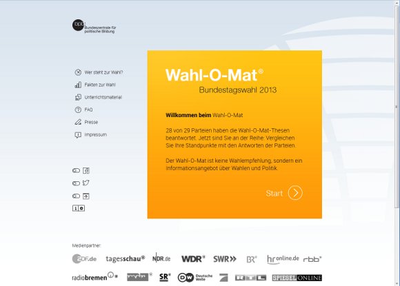 Ansicht der Oberfläche des Wahl-O-Mat 2013 Wahl-O-Mat 2013 Oberfläche