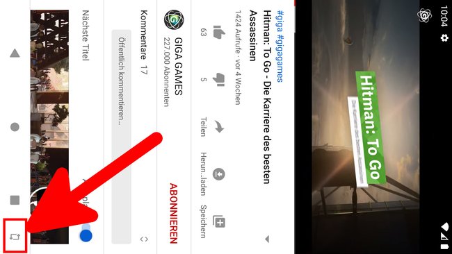 Bei ausgeschalteter automatischer Drehung,seht ihr in YouTube unten ein Symbol, womit ihr den Bildschirminhalt manuell dreht. Bild: GIGA