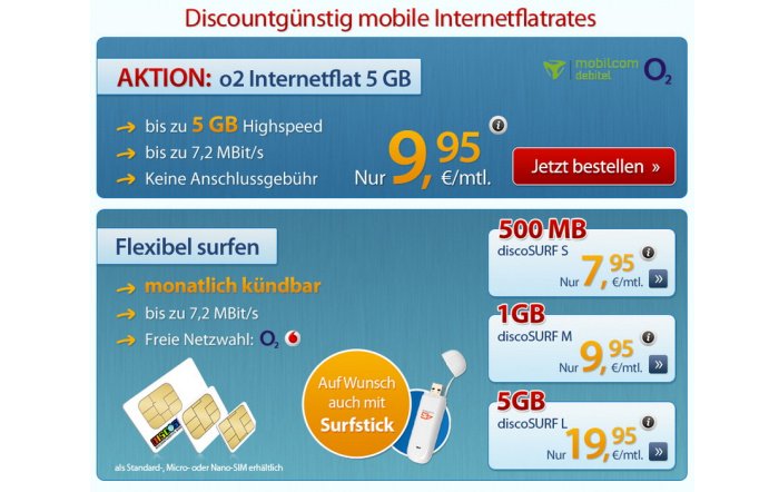 discoSURF o2 Internetflat mit 5 GB für 9,95 Euro pro Monat