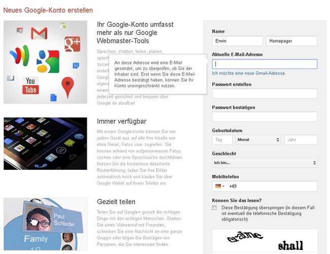 google webseite anmelden