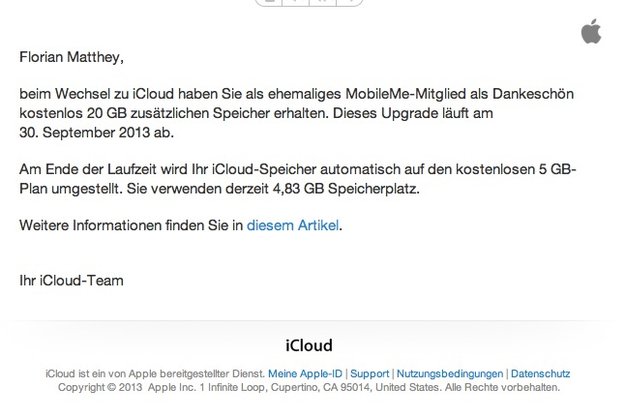 iCloud: Apple erinnert an Umstellung auf 5 Gigabyte für Ex-MobileMe-Kunden