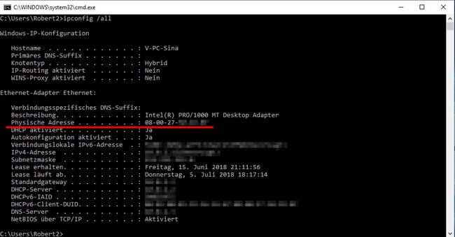 Das hier ist die MAC-Adresse des PCs. Bild: GIGA