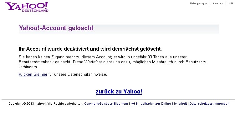 Yahoo Account Löschseite. 