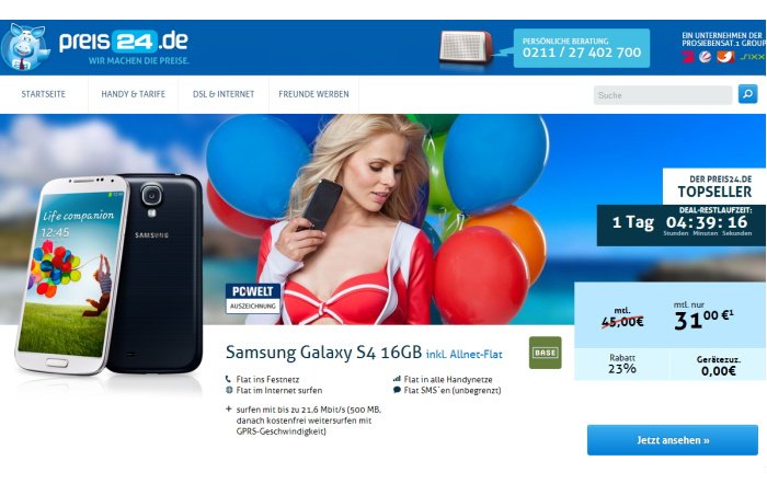 BASE all-in mit gratis Samsung Galaxy S4 für 31,00 Euro pro Monat