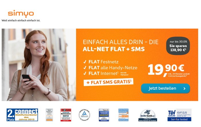 Simyo All-Net Flat mit Gratis SMS-Flat und 1 Euro Anschlussgebühr