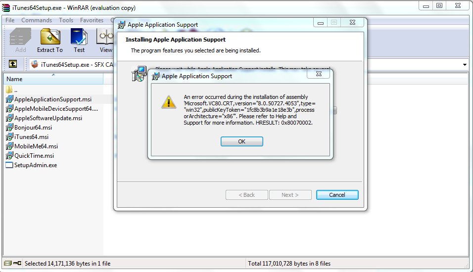 itunes: an error occured during the installation of assembly microsoft vc80 crt