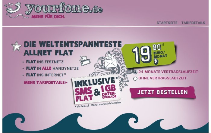 Allnet-Flat von Yourfone mit 1 GB Datenupgrade und gratis SMS Flat