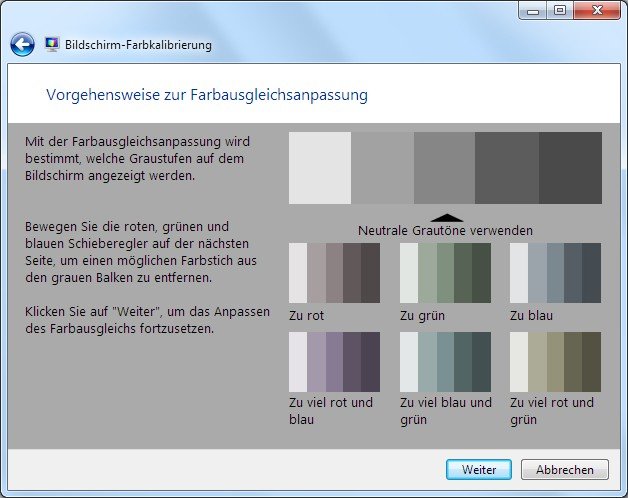Hier könnt ihr einen Farbausgleich machen, falls euer Bildschirm einen Farbstich hat.