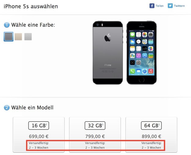 iPhone 5s: Im Apple Online Store binnen zwei bis drei Wochen verfügbar