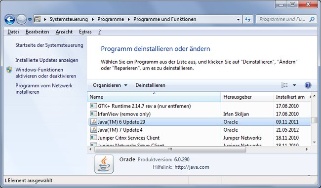 In diesem Fenster deinstalliert ihr Java. Bild: GIGA