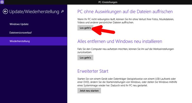 Klickt hier, um Windows 8 aufzufrischen.