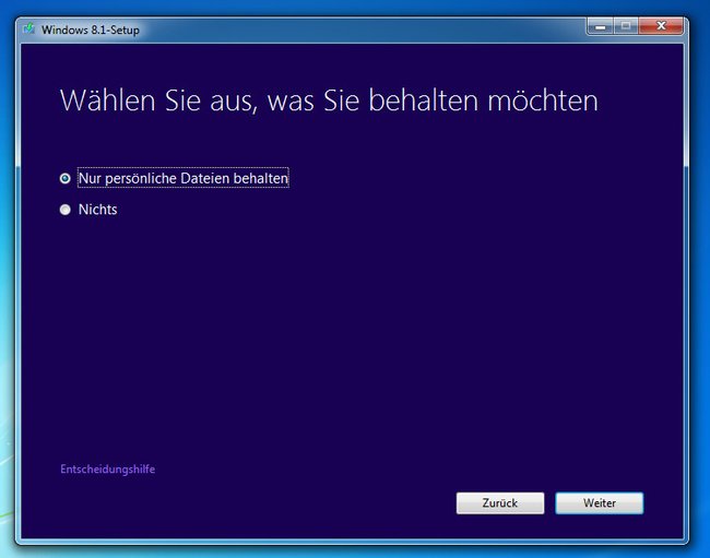 Hier könnt ihr einstellen, dass die persönlichen Dateien nach dem Upgrade erhalten bleiben. Bild: GIGA