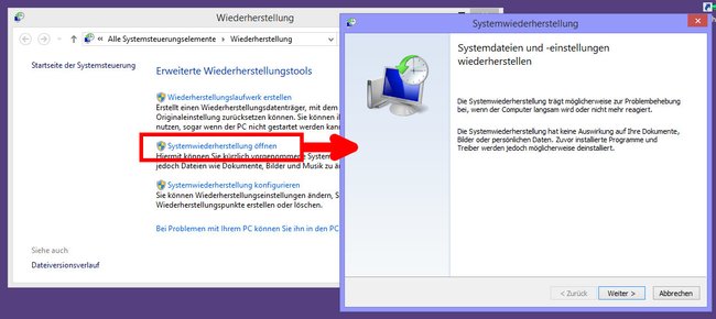 Hier öffnet ihr die Wiederherstellung in Windows 8.