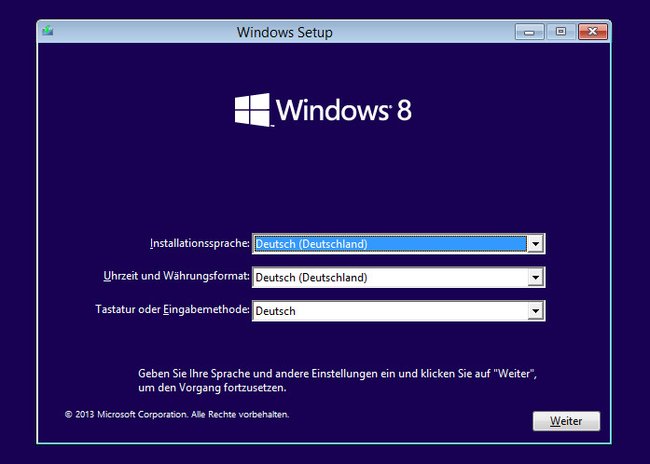 Drückt auf „Weiter“, um Windows 8 zu installieren. Bild: GIGA