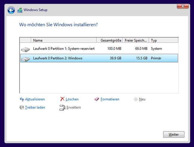Der Assistent fragt, auf welcher Partition Windows 8 installiert werden soll. Bild: GIGA