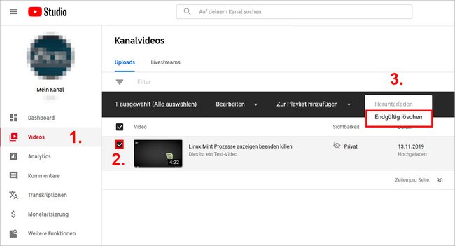 So löscht ihr ein YouTube-Video aus eurem Kanal. Bild: GIGA