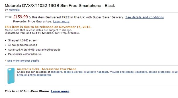 Moto G: Bei Amazon für 160 Pfund gelistet, Gerücht um Google Play Edition mit Android 4.4