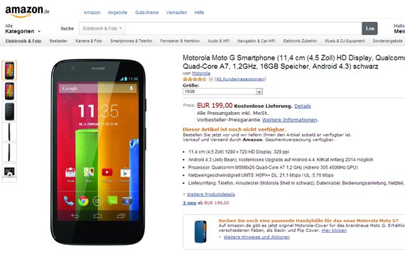 Moto G bei Amazon unter den Top 100 und Verfügbarkeit zu Weihnachten