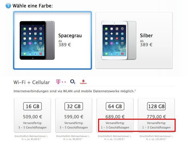 Retina-iPad mini: Lieferzeiten jetzt teilweise bei ein bis drei Geschäftstagen