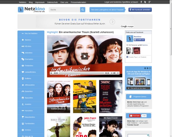 Ansicht der Netzkino Webseite