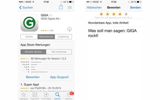 App- Bewertung im App Store.