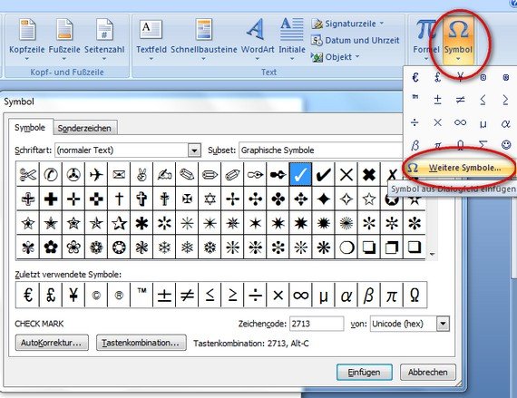 Häkchen in Word