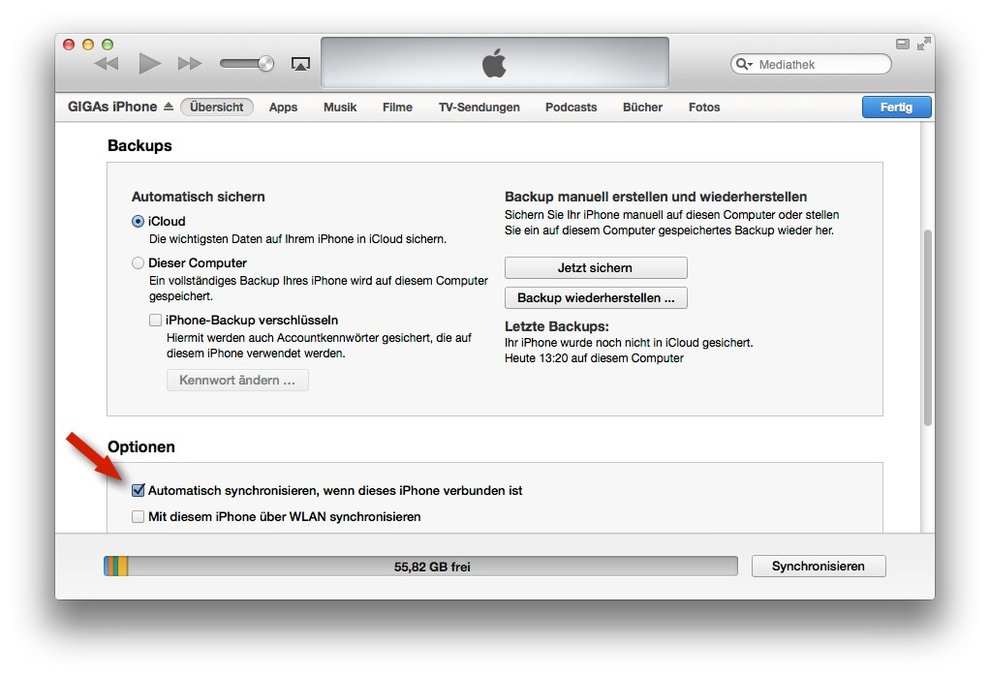 iPhone-Backup per WLAN in iTunes