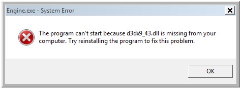 Typische Fehlermeldung bei Fehlen der Datei d3dx9_43-dll