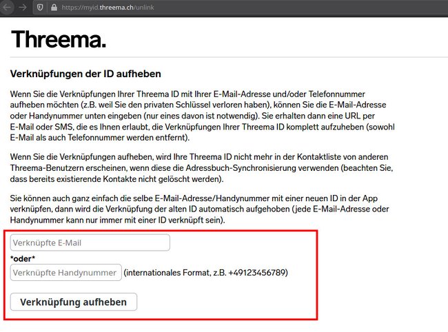 Auf der Entwickler-Webseite kann man die Verknüpfung von Rufnummer oder Mail von der Threema-ID trennen. Bild: GIGA