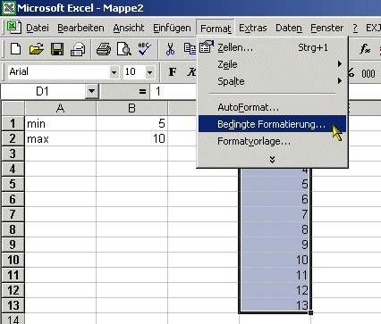 excel 2002 bedingte formatierung