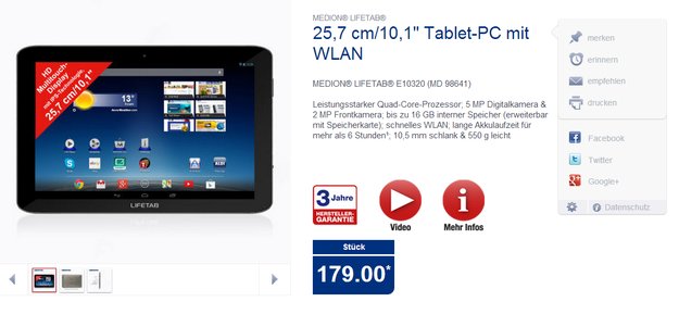 ALDI-Tablet: Medion Lifetab E10320 mit 10 Zoll-Display, Quad Core-CPU ab 27. März für 179 Euro erhältlich