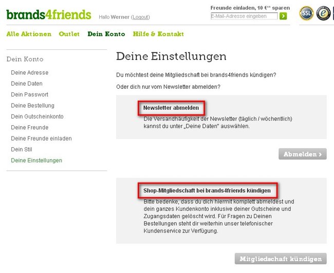 brands4friends abmelden konto kuendigen