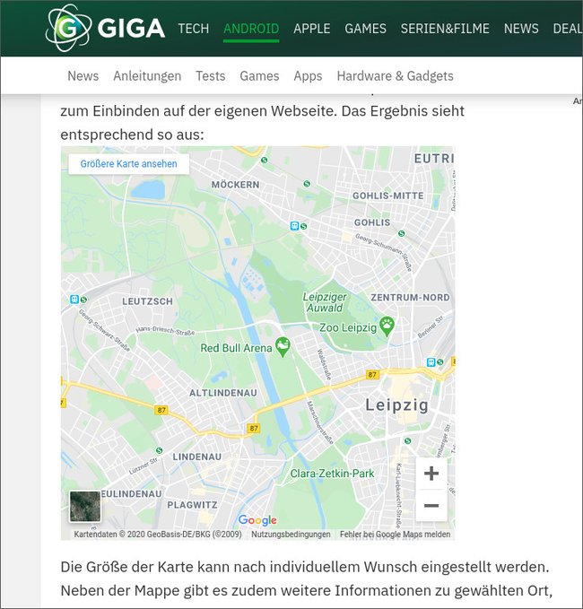 So sieht eine Google-Maps-Karte eingebunden aus. Bild: GIGA