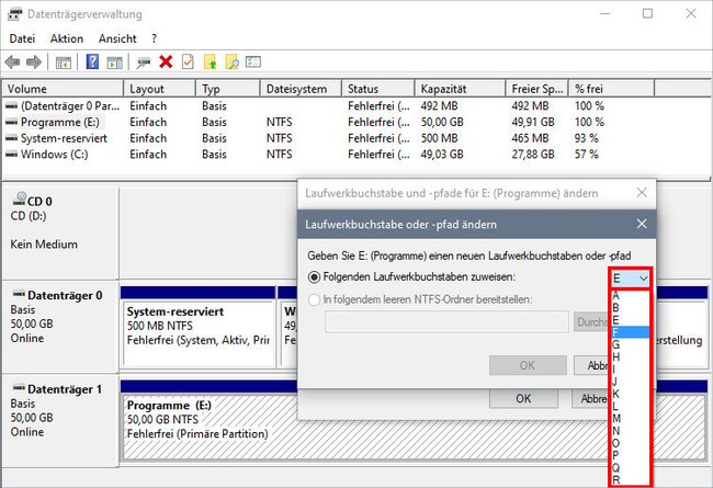 Wählt den neuen Laufwerksbuchstaben aus. Bild: GIGA