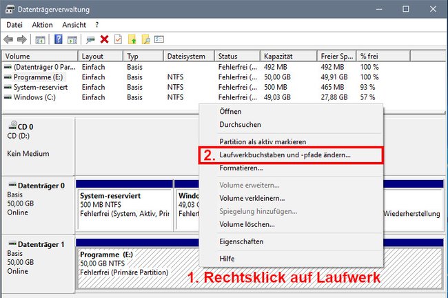 Hier ändert ihr den Laufwerkbuchstaben des ausgewählten Laufwerks. Bild: GIGA