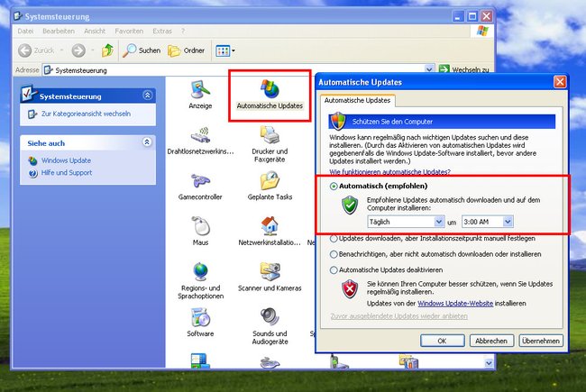 Hier aktiviert ihr die automatischen Updates von Windows XP. Bild: GIGA
