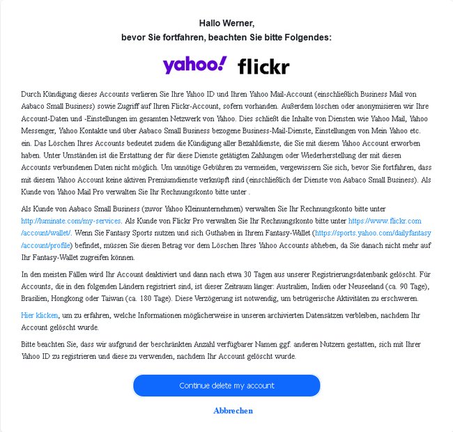 Screenshot eines Browserfensters, indem man sein Yahoo-Konto löschen kann: Es wird erklärt, welche Folgen das hat.