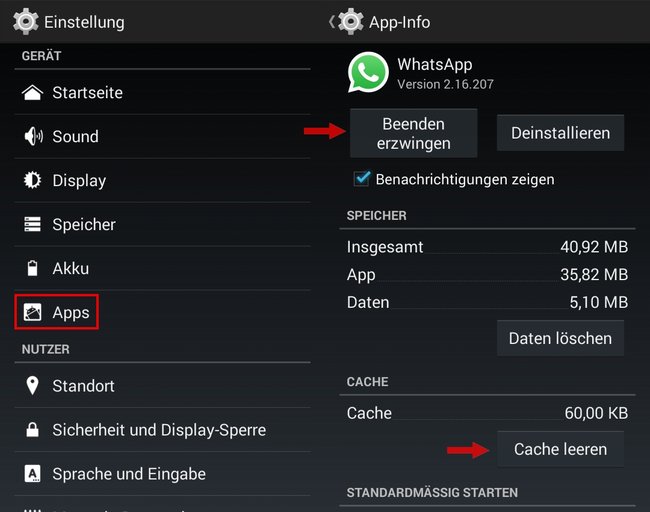 WhatsApp Telefondatum nicht korrekt Beenden Cache leeren