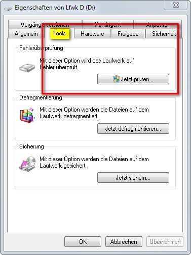 chkdsk windows 7 eigenschaften