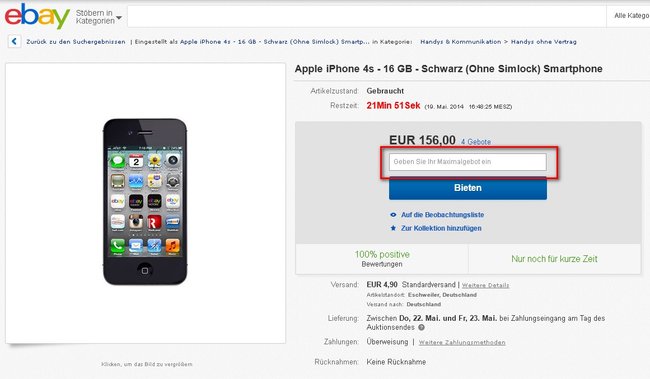 Screenshot Gebotsfenster eBay