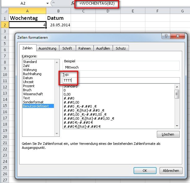 excel wochentag format