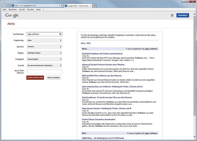 In wenigen Sekunden kann man Google Alerts erstellen