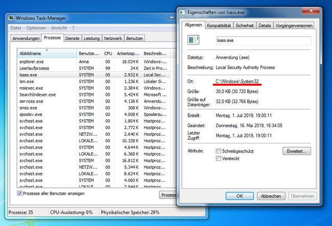 Der Prozess „lsass.exe“ liegt hier im richtigen Verzeichnis. Bild: GIGA